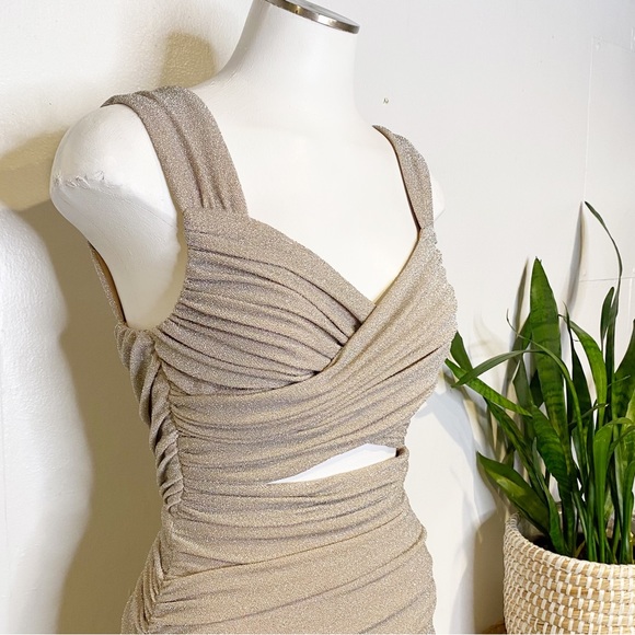 Rent The Runway | Twist Front Cut-Out Ruched Bodcon Metallic Shimmer Dress - Picture 5 of 8